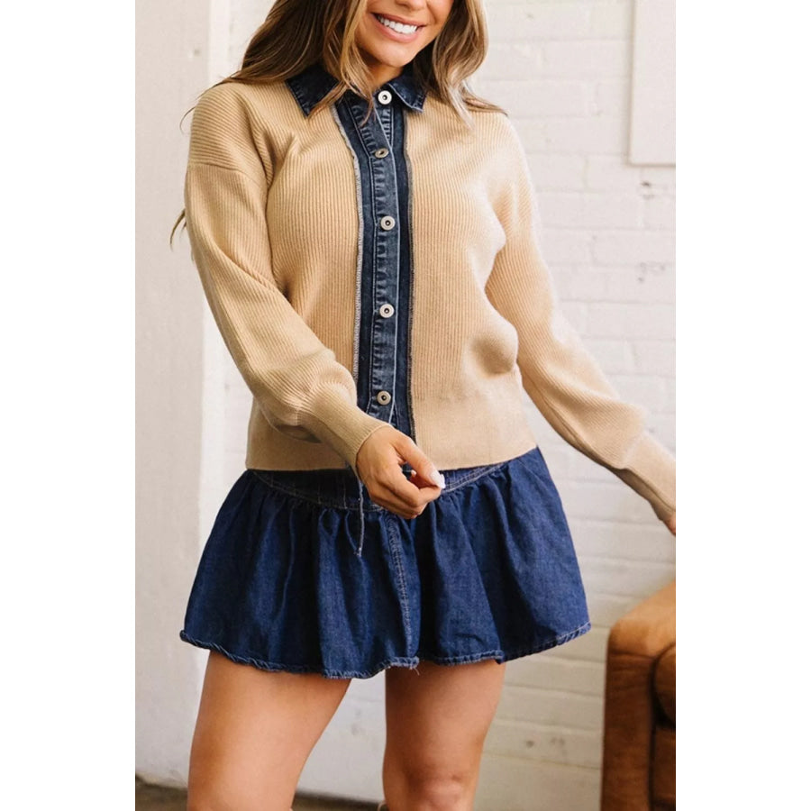 Drop Shoulder Placket Paneling Shirt Collar Long Sleeve Cardigan Apparel and Accessories