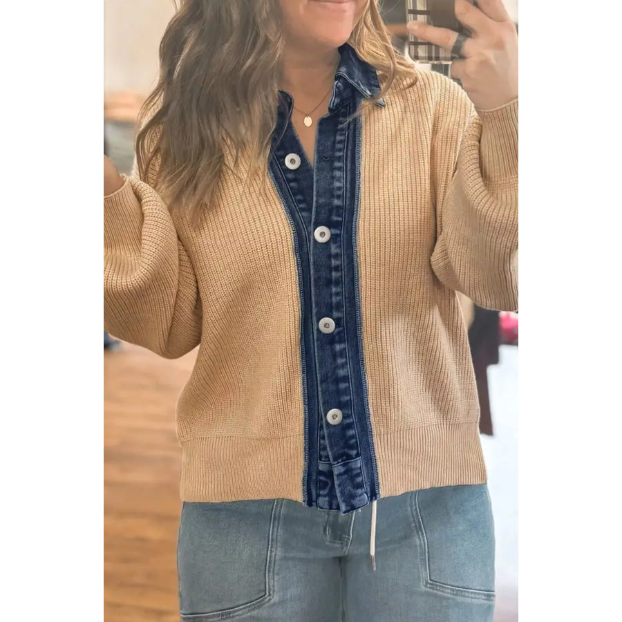 Drop Shoulder Placket Paneling Shirt Collar Long Sleeve Cardigan Apparel and Accessories