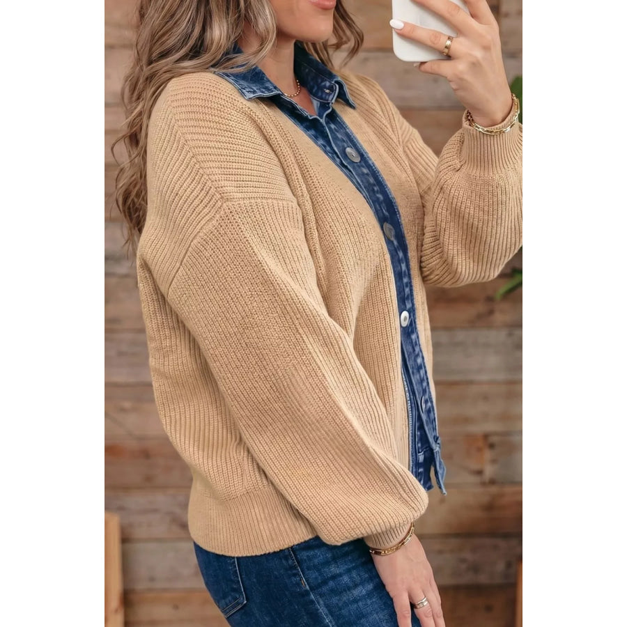 Drop Shoulder Placket Paneling Shirt Collar Long Sleeve Cardigan Apparel and Accessories