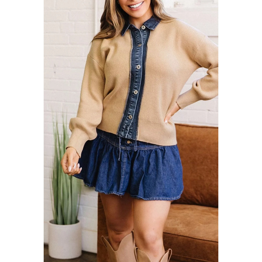 Drop Shoulder Placket Paneling Shirt Collar Long Sleeve Cardigan Apparel and Accessories
