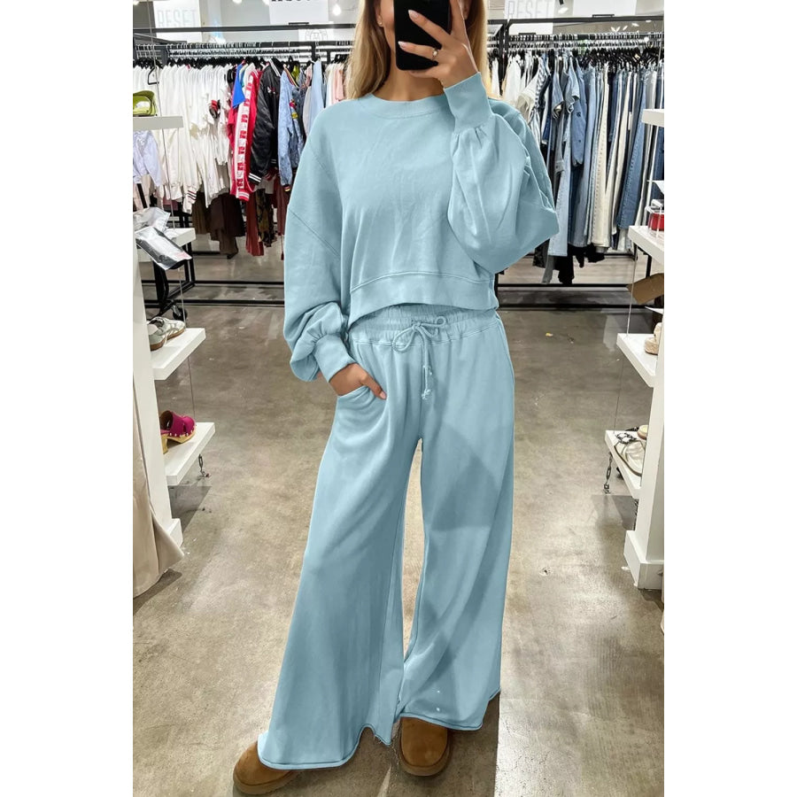 Drop Shoulder Puff Sleeve Crop Pullover Drawstring Wide Leg Pants Set Pastel Blue / S Apparel and Accessories
