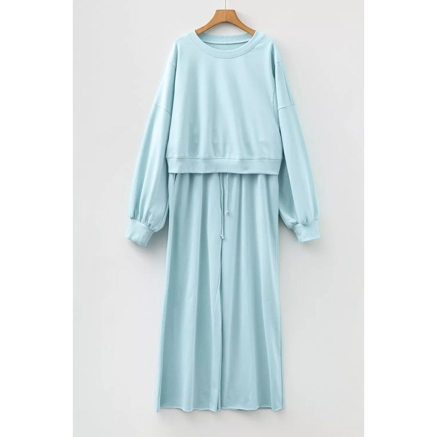 Drop Shoulder Puff Sleeve Crop Pullover Drawstring Wide Leg Pants Set Apparel and Accessories