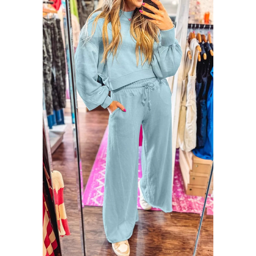 Drop Shoulder Puff Sleeve Crop Pullover Drawstring Wide Leg Pants Set Apparel and Accessories
