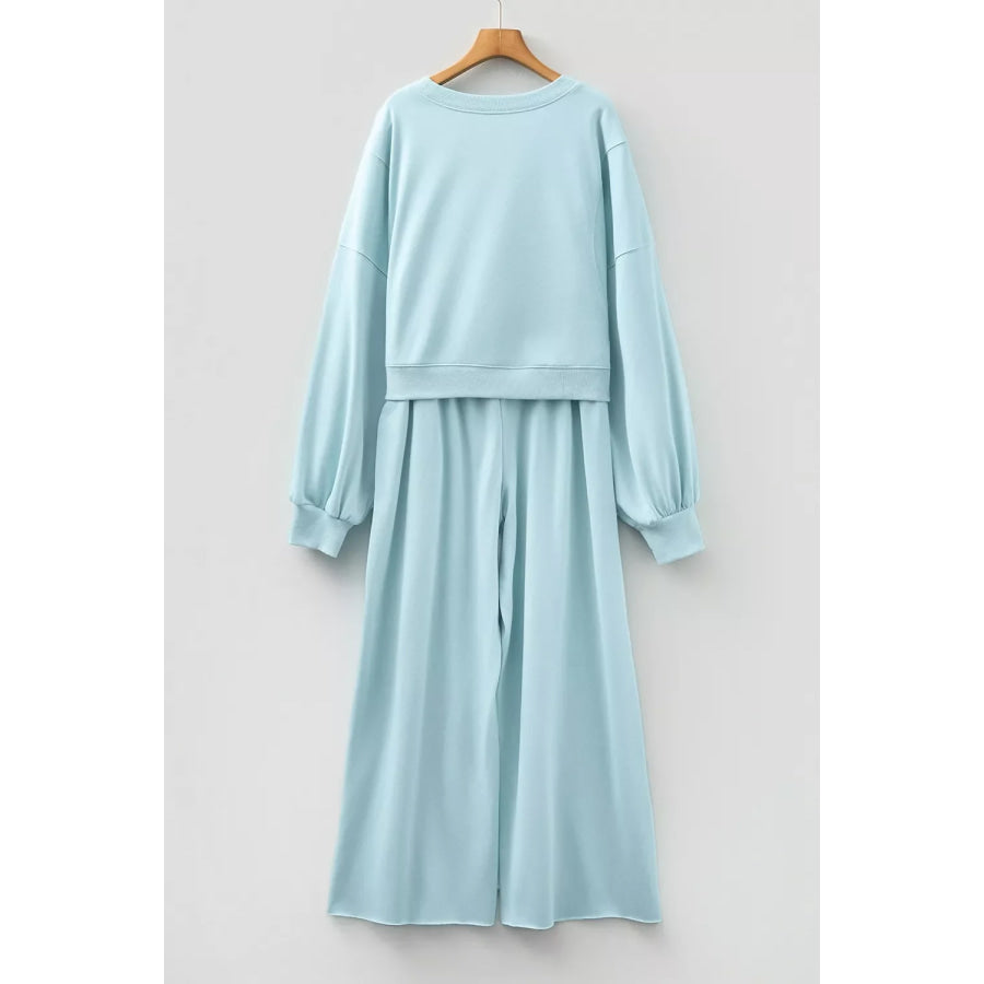 Drop Shoulder Puff Sleeve Crop Pullover Drawstring Wide Leg Pants Set Apparel and Accessories