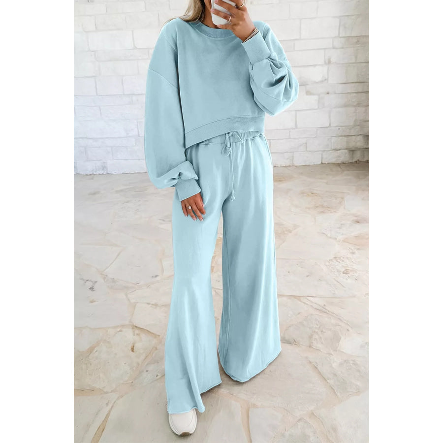 Drop Shoulder Puff Sleeve Crop Pullover Drawstring Wide Leg Pants Set Pastel Blue / S Apparel and Accessories