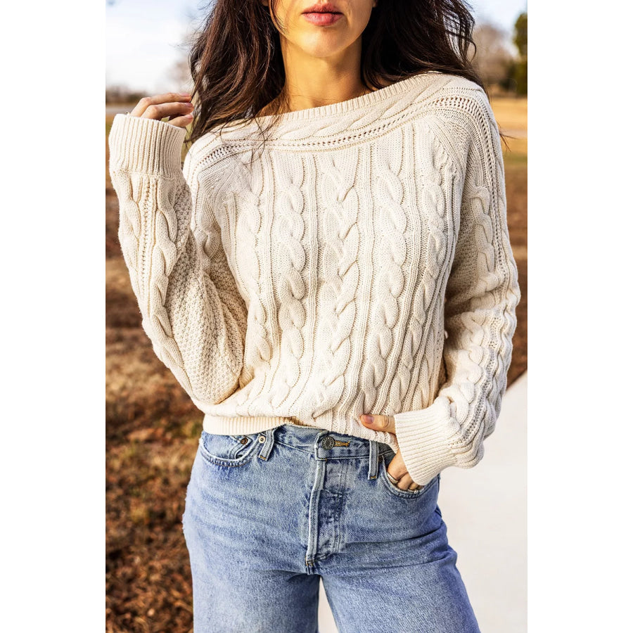 Drop Shoulder Round Neck Cable Knit Sweater Apparel and Accessories