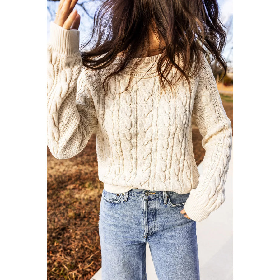 Drop Shoulder Round Neck Cable Knit Sweater Apparel and Accessories