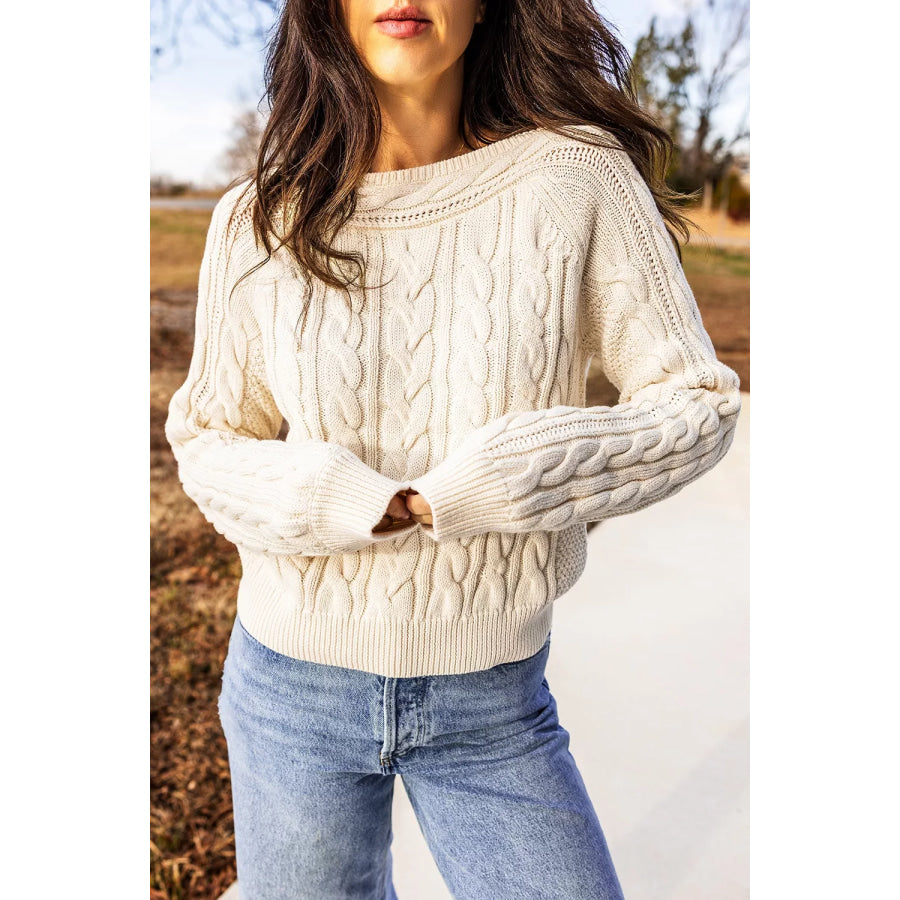 Drop Shoulder Round Neck Cable Knit Sweater Apparel and Accessories