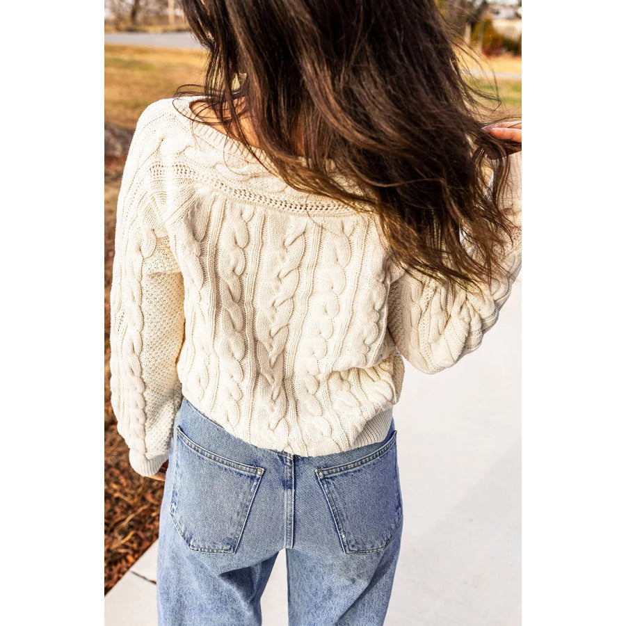 Drop Shoulder Round Neck Cable Knit Sweater Apparel and Accessories