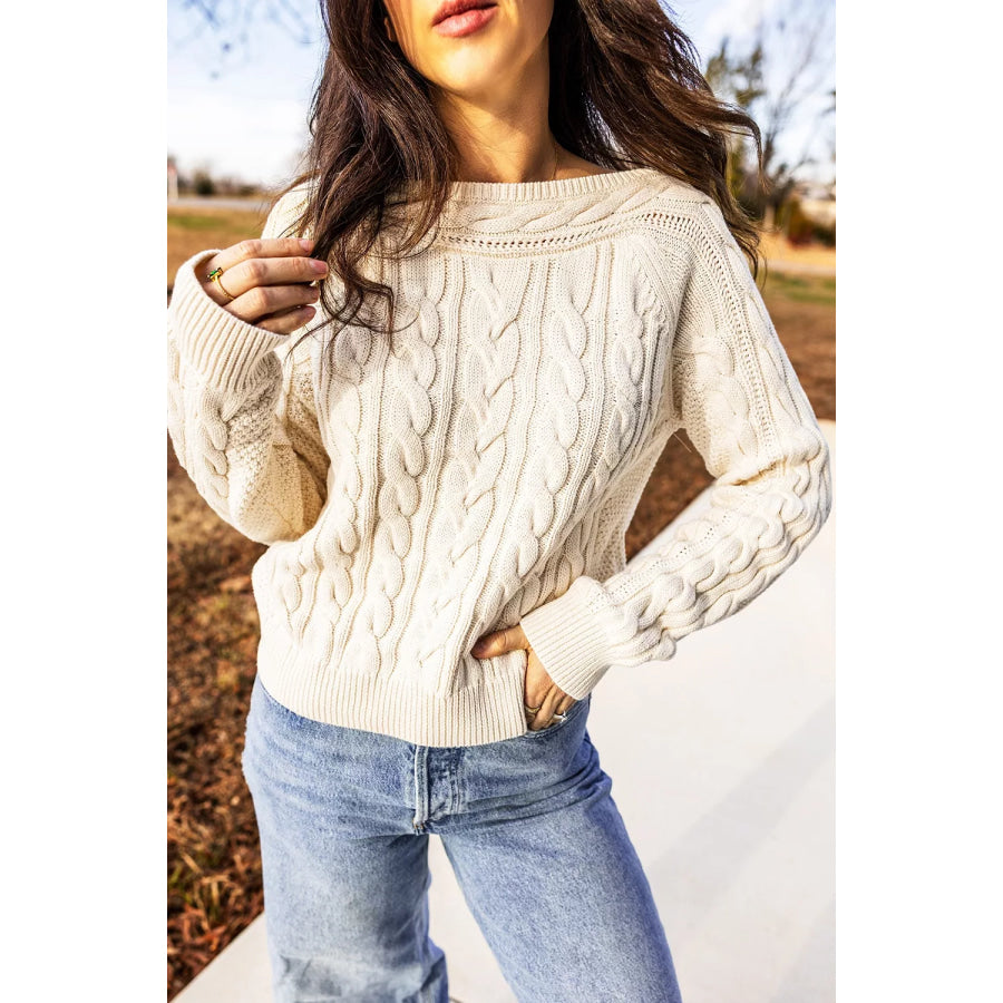Drop Shoulder Round Neck Cable Knit Sweater Apparel and Accessories