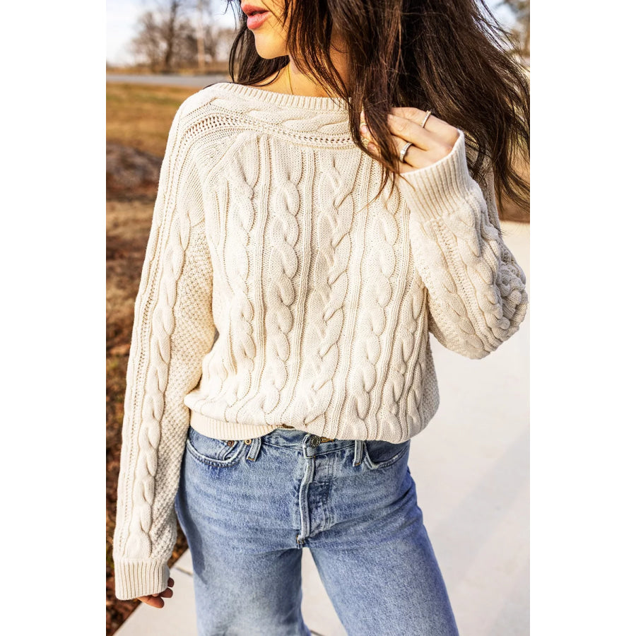 Drop Shoulder Round Neck Cable Knit Sweater Apparel and Accessories