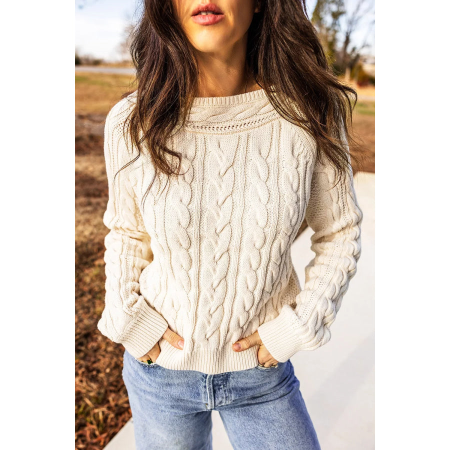 Drop Shoulder Round Neck Cable Knit Sweater Cream / S Apparel and Accessories