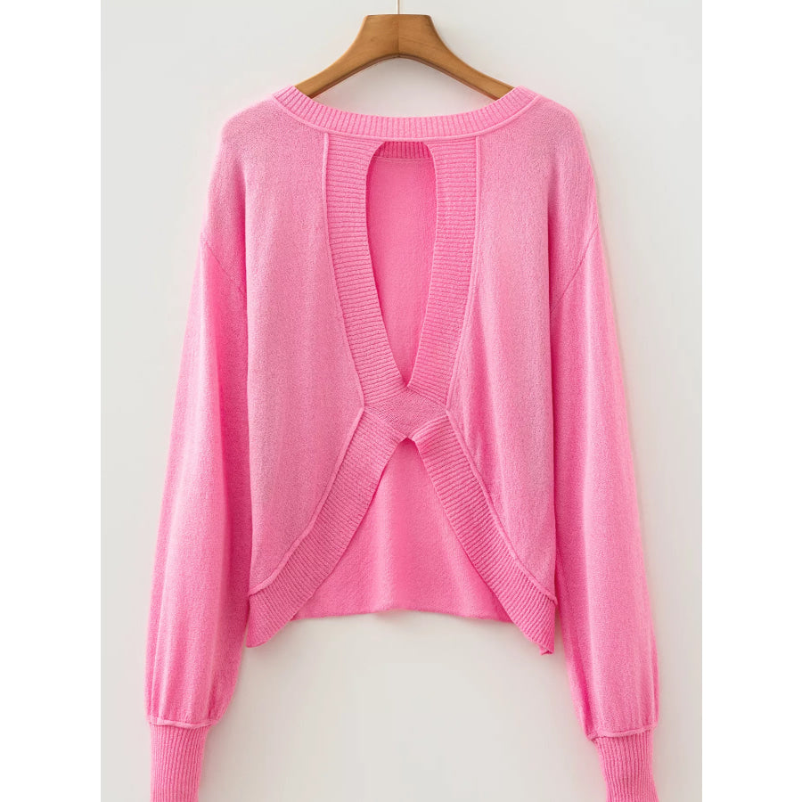 Drop Shoulder Round Neck Long Sleeve Backless Sweater Apparel and Accessories