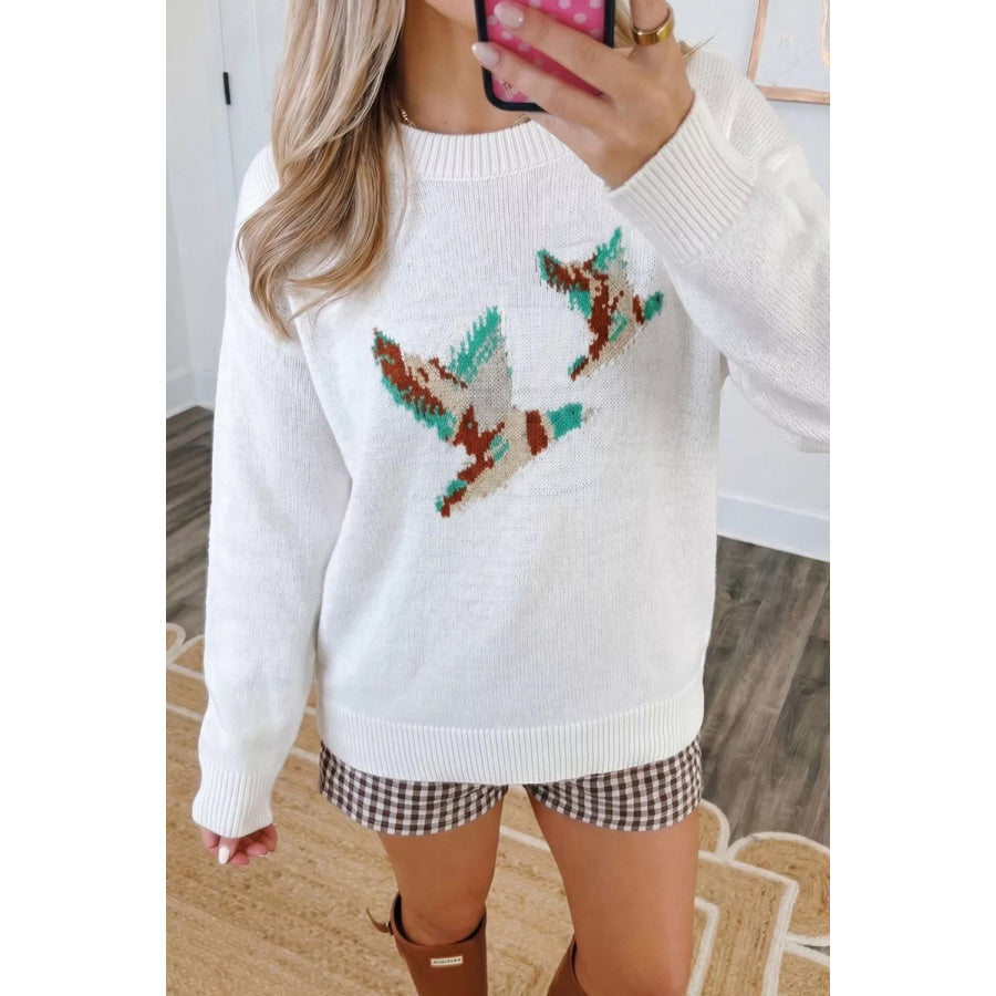 Drop Shoulder Round Neck Long Sleeve Sweater Apparel and Accessories