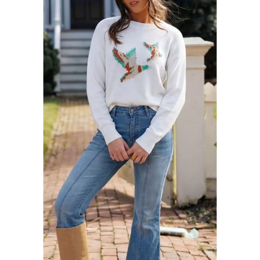 Drop Shoulder Round Neck Long Sleeve Sweater Apparel and Accessories