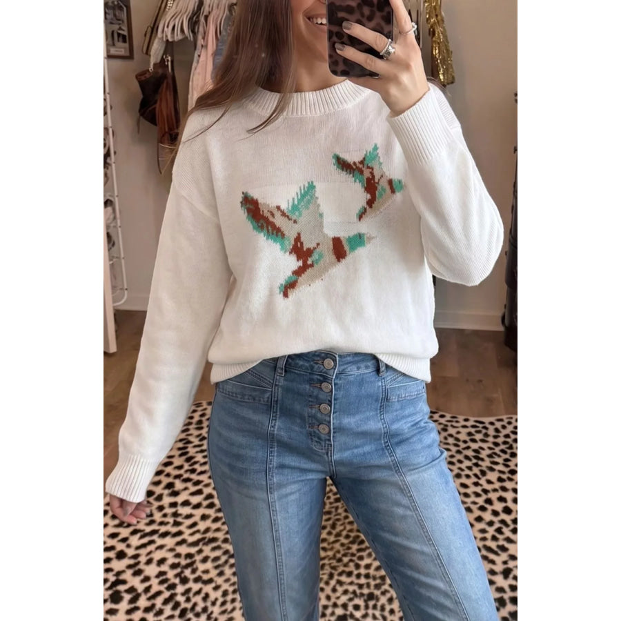 Drop Shoulder Round Neck Long Sleeve Sweater White / S Apparel and Accessories