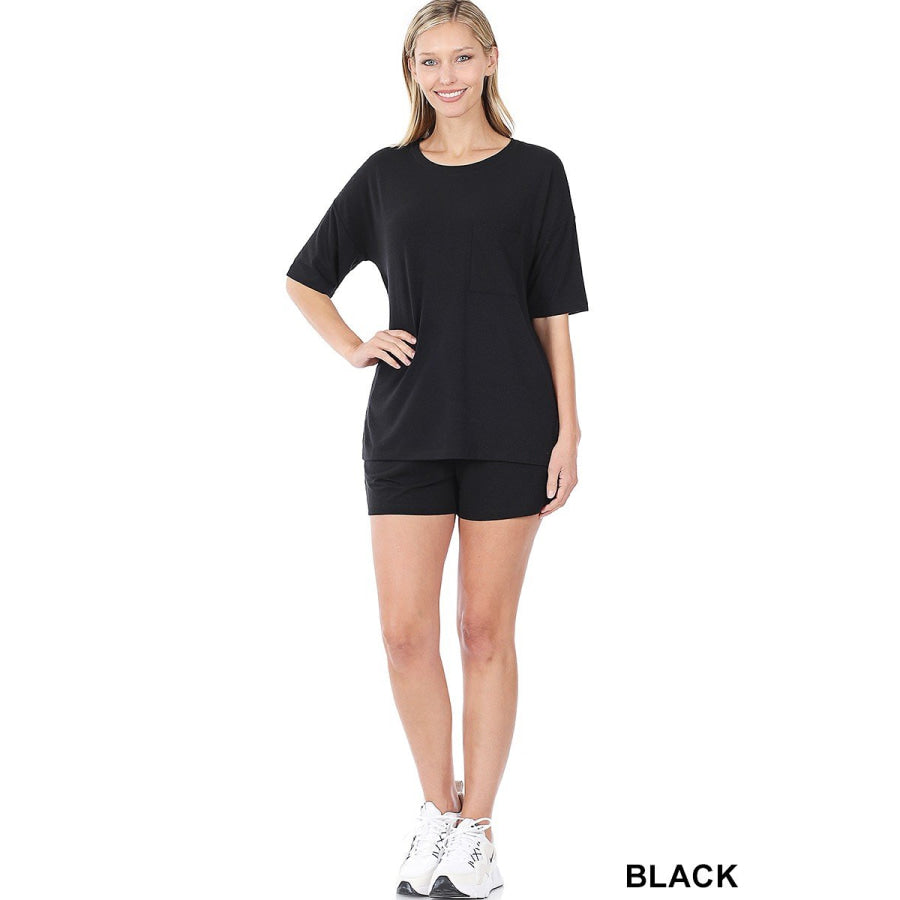 NEW! Drop Shoulder Top and Shorts Set Black / S Shorts Set