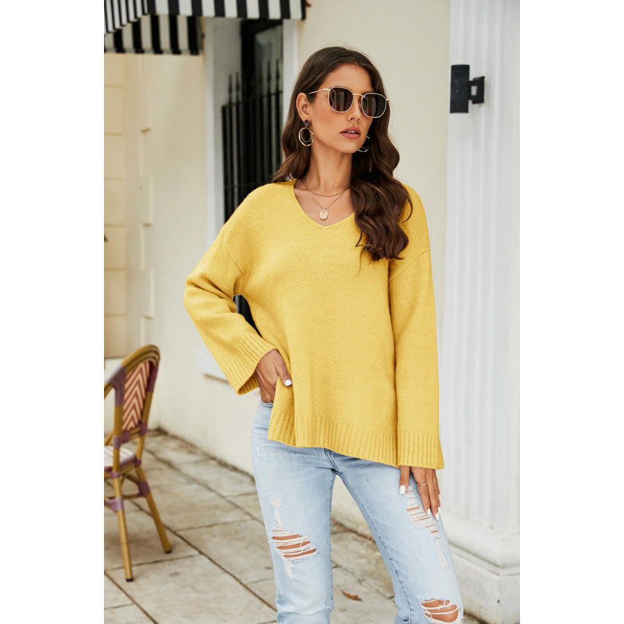 Drop Shoulder V-Neck Knit Pullover Banana Yellow / S