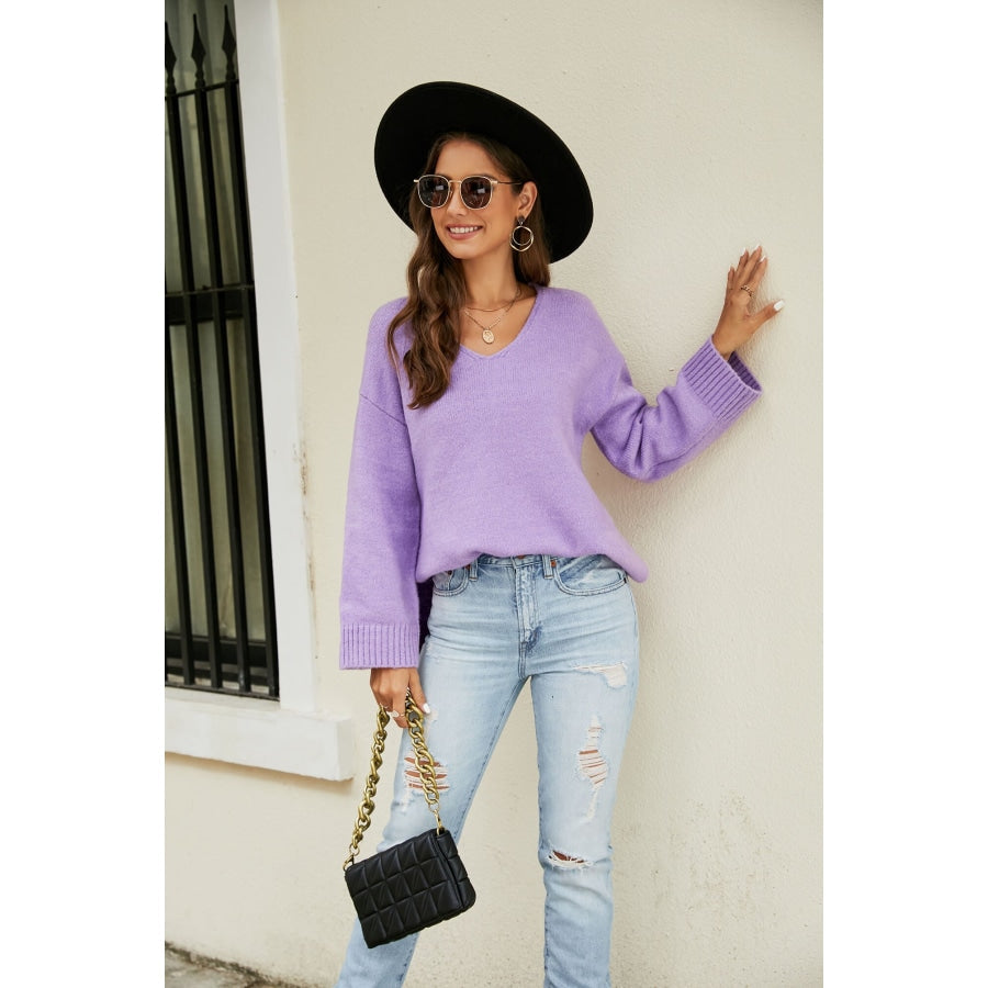 Drop Shoulder V-Neck Knit Pullover Lavender / S