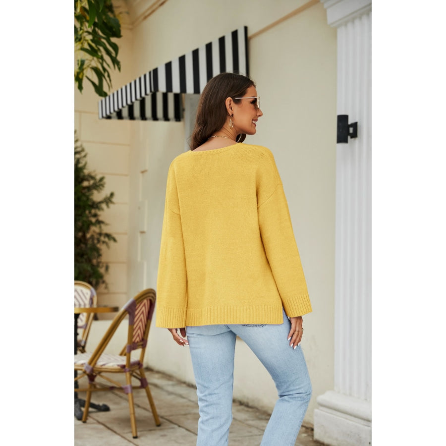 Drop Shoulder V-Neck Knit Pullover Banana Yellow / S