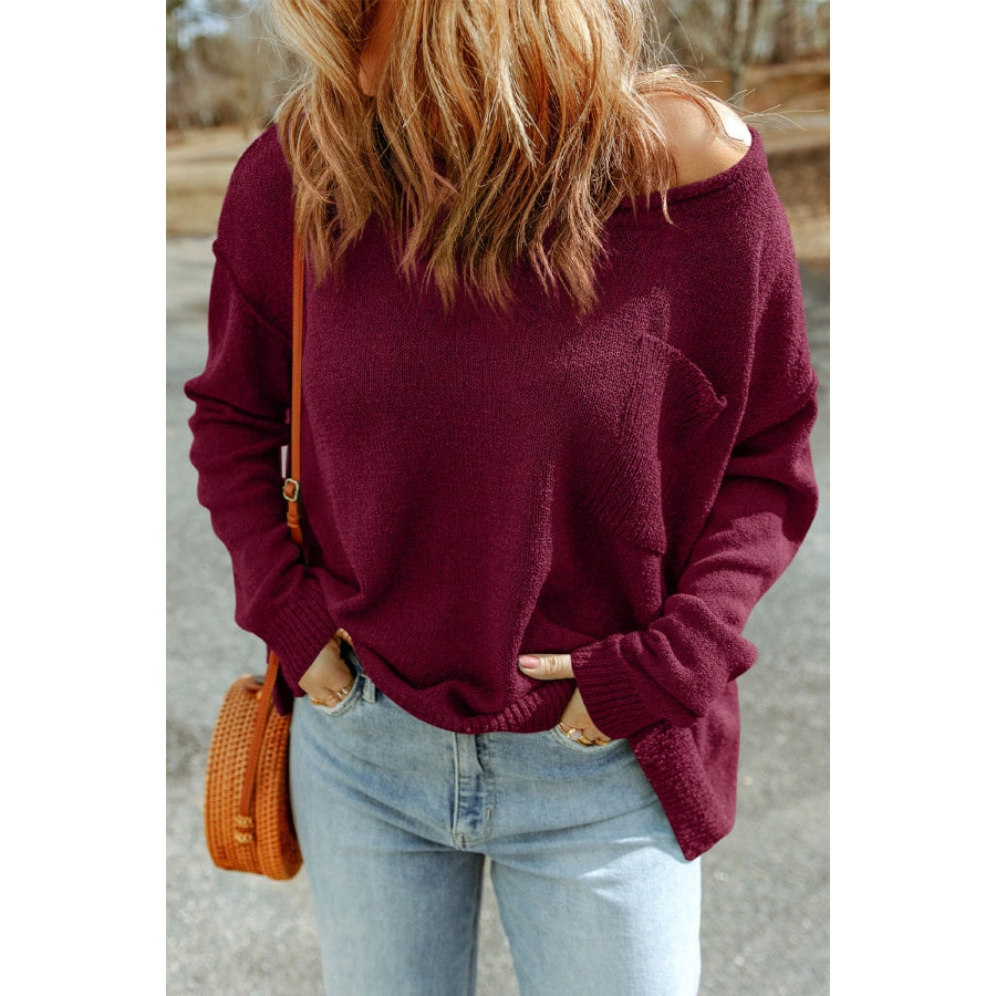 Dropped Shoulder Boat Neck Sweater Pullover with Pocket Magenta / S