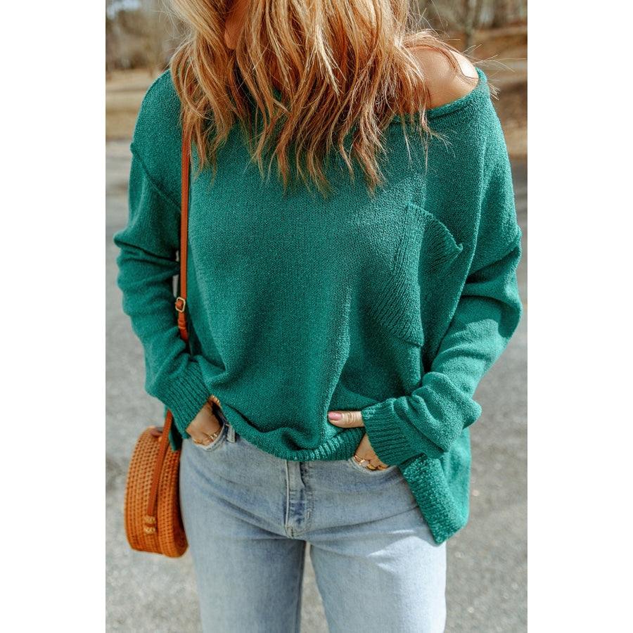 Dropped Shoulder Boat Neck Sweater Pullover with Pocket Teal / S