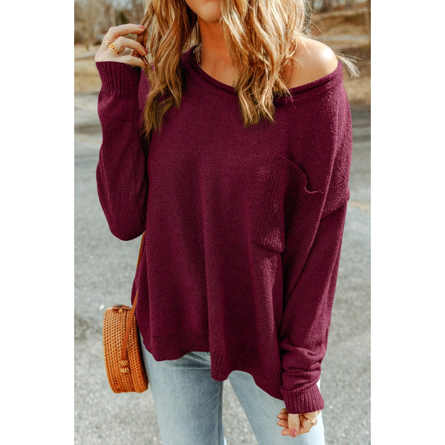Dropped Shoulder Boat Neck Sweater Pullover with Pocket
