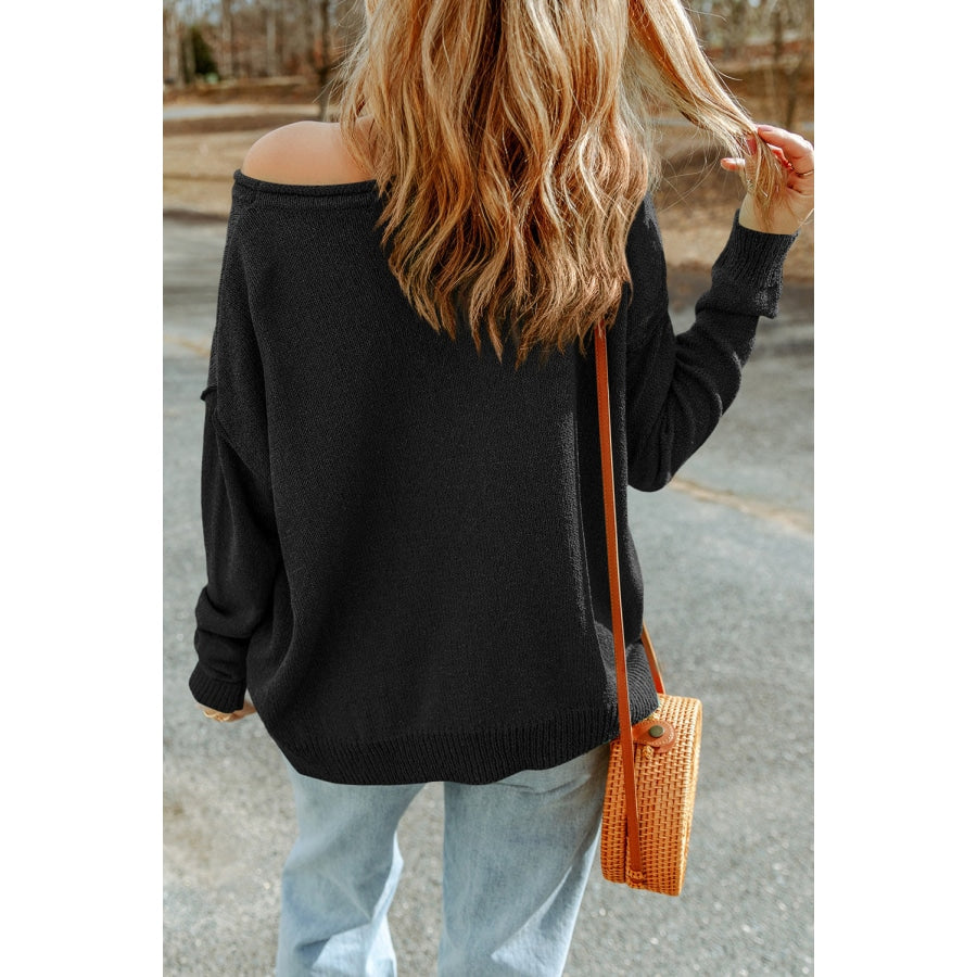 Dropped Shoulder Boat Neck Sweater Pullover with Pocket