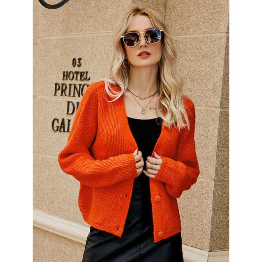 Dropped Shoulder Button Up Cardigan Red Orange / S Clothing