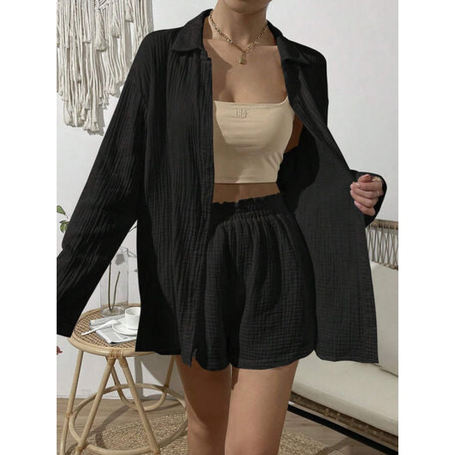 Dropped Shoulder Button Up Top and Elastic Waist Shorts Set Black / S Clothing