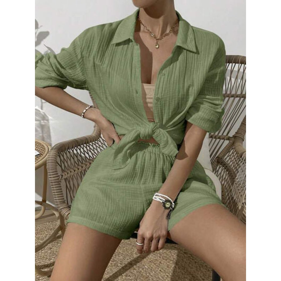 Dropped Shoulder Button Up Top and Elastic Waist Shorts Set Clothing