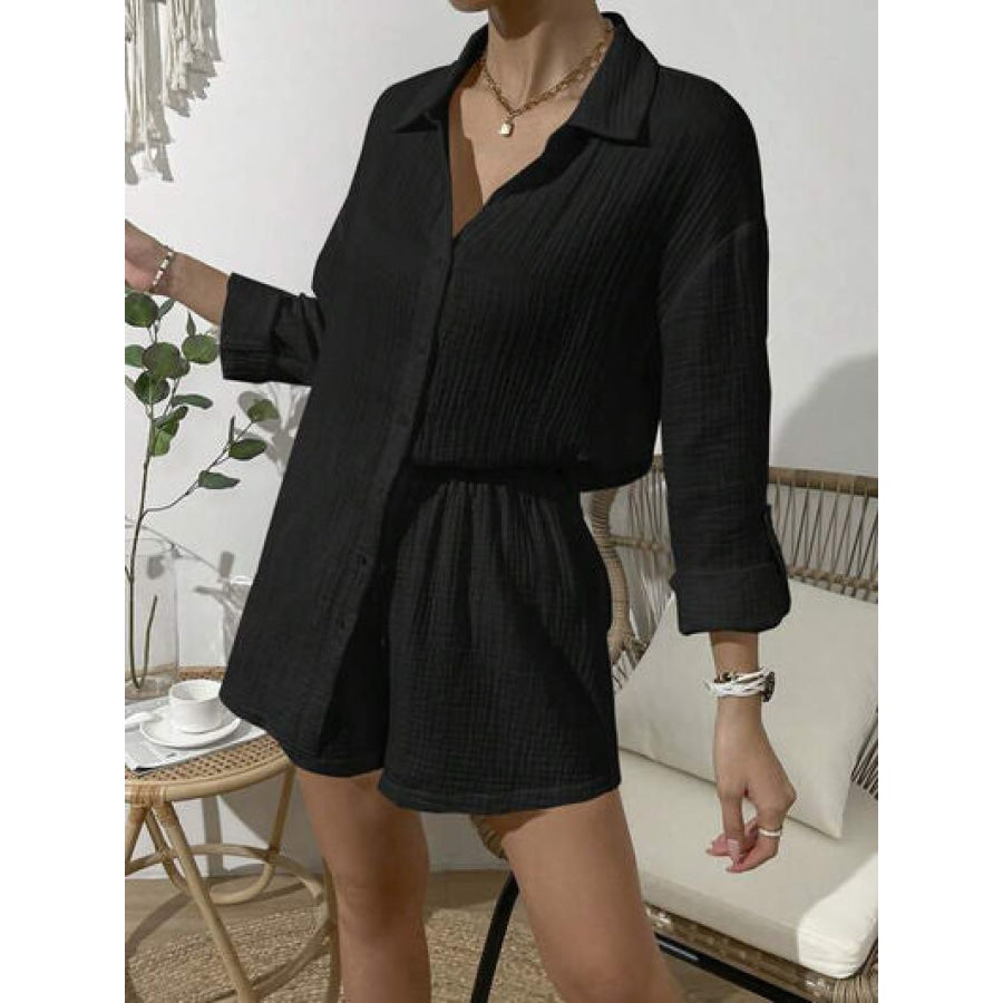 Dropped Shoulder Button Up Top and Elastic Waist Shorts Set Clothing