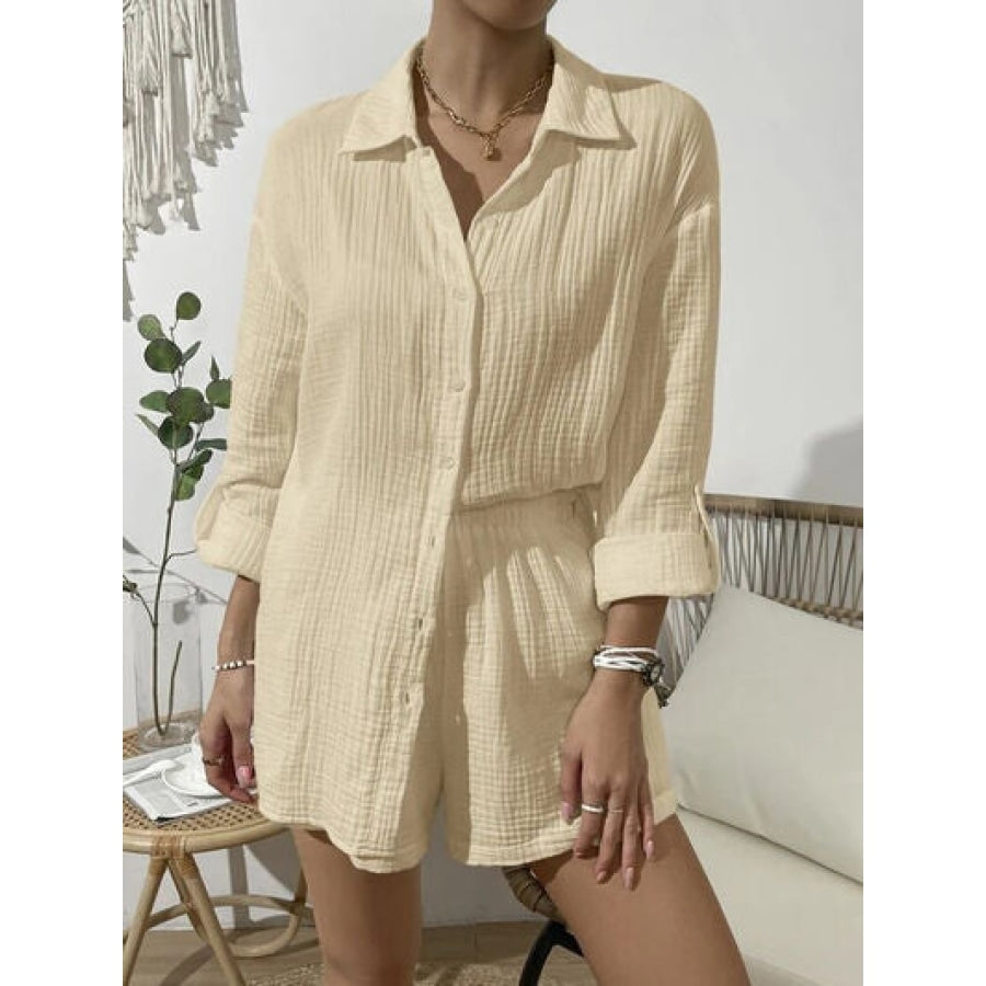 Dropped Shoulder Button Up Top and Elastic Waist Shorts Set Clothing