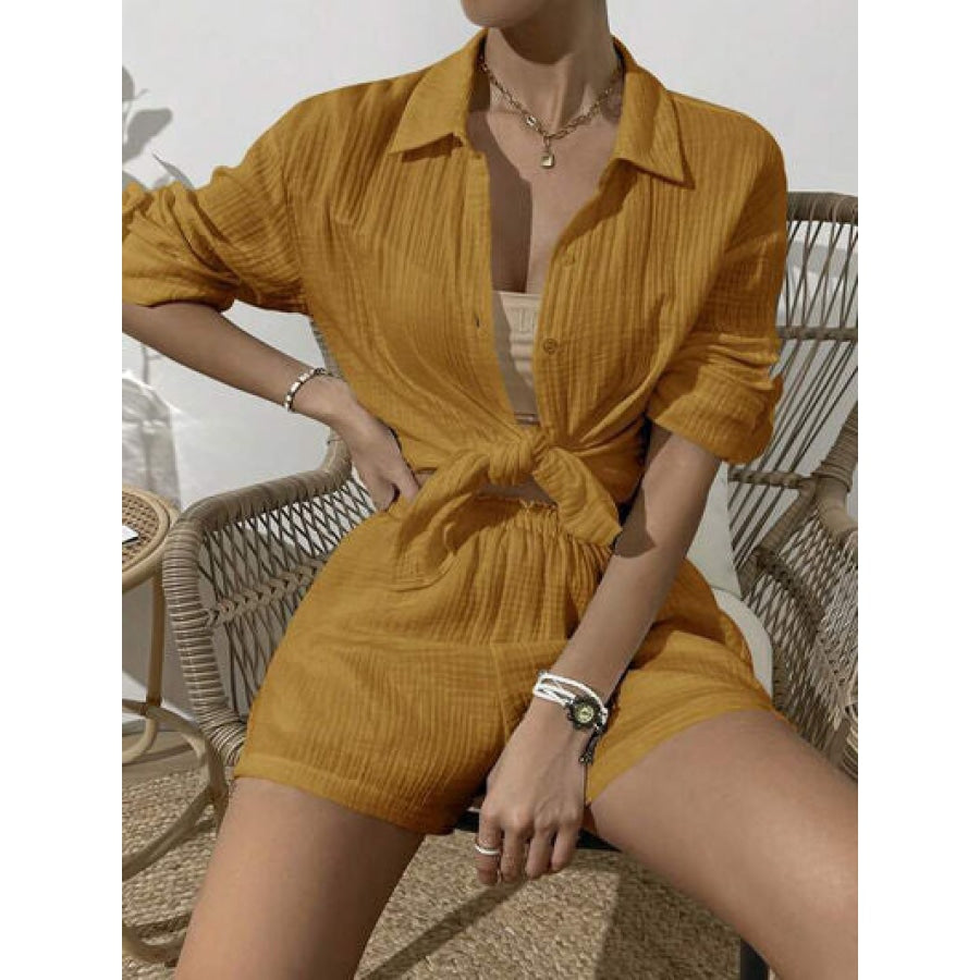 Dropped Shoulder Button Up Top and Elastic Waist Shorts Set Clothing