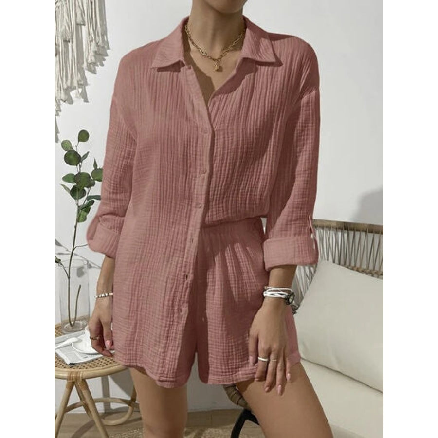 Dropped Shoulder Button Up Top and Elastic Waist Shorts Set Clothing