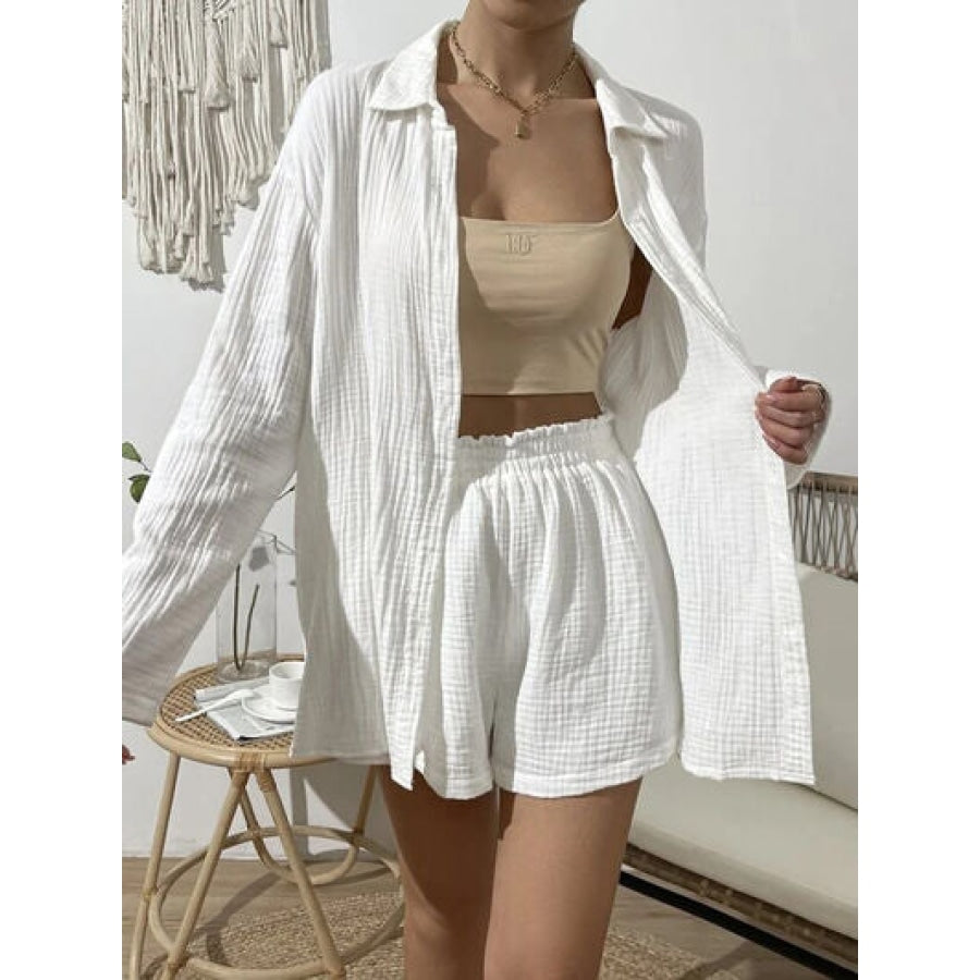 Dropped Shoulder Button Up Top and Elastic Waist Shorts Set Clothing