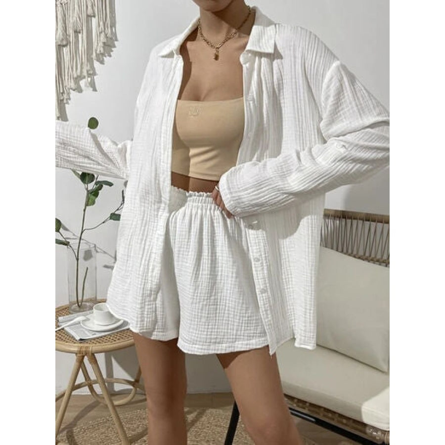 Dropped Shoulder Button Up Top and Elastic Waist Shorts Set Clothing