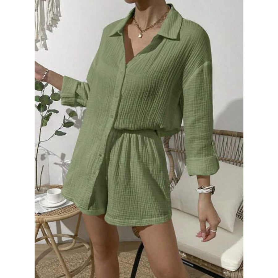 Dropped Shoulder Button Up Top and Elastic Waist Shorts Set Clothing