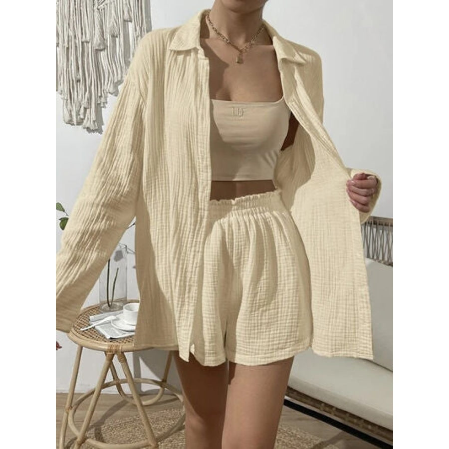 Dropped Shoulder Button Up Top and Elastic Waist Shorts Set Ivory / S Clothing