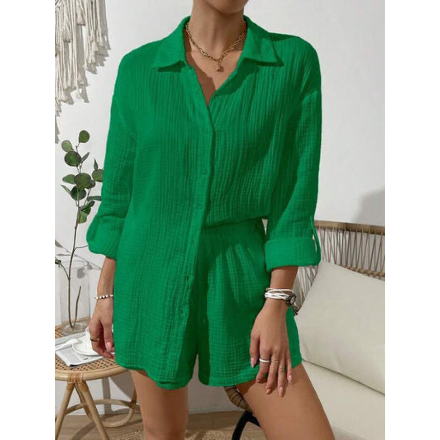 Dropped Shoulder Button Up Top and Elastic Waist Shorts Set Mid Green / S Clothing