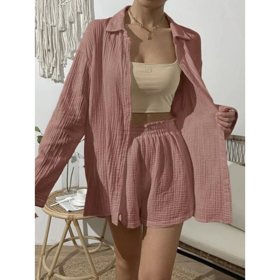 Dropped Shoulder Button Up Top and Elastic Waist Shorts Set Moonlit Mauve / S Clothing