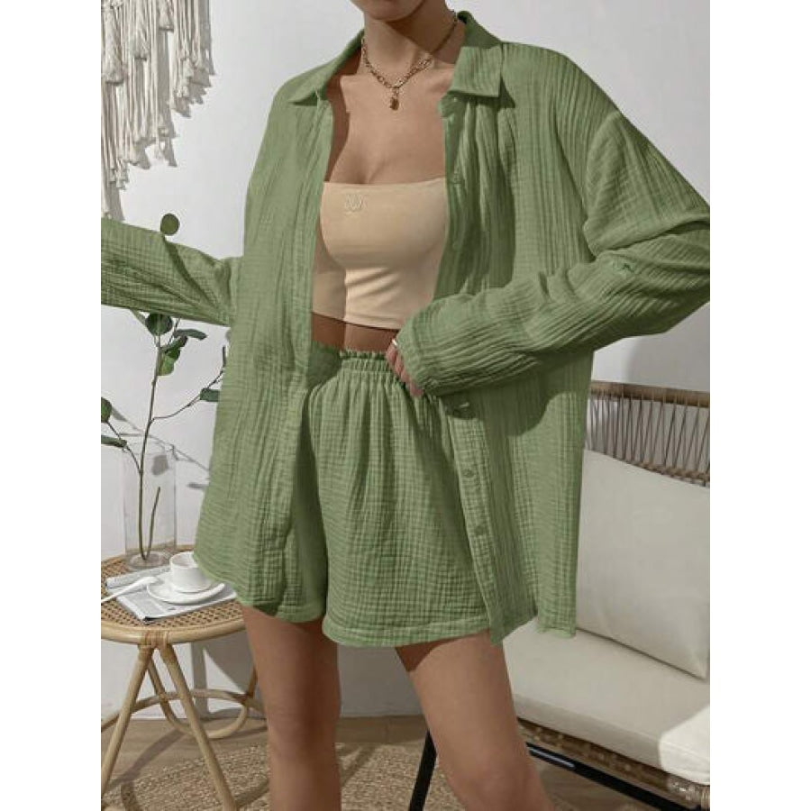 Dropped Shoulder Button Up Top and Elastic Waist Shorts Set Sage / S Clothing