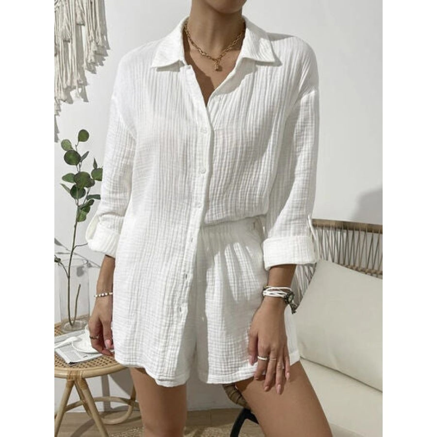 Dropped Shoulder Button Up Top and Elastic Waist Shorts Set White / S Clothing