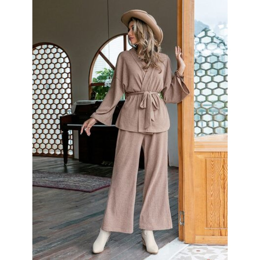 Dropped Shoulder Cardigan and Pants Set Apparel and Accessories