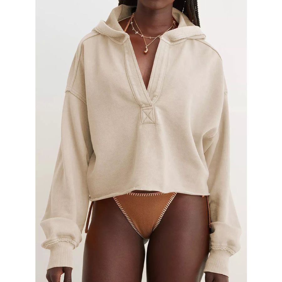Dropped Shoulder Cropped Hoodie Apricot / S Apparel and Accessories