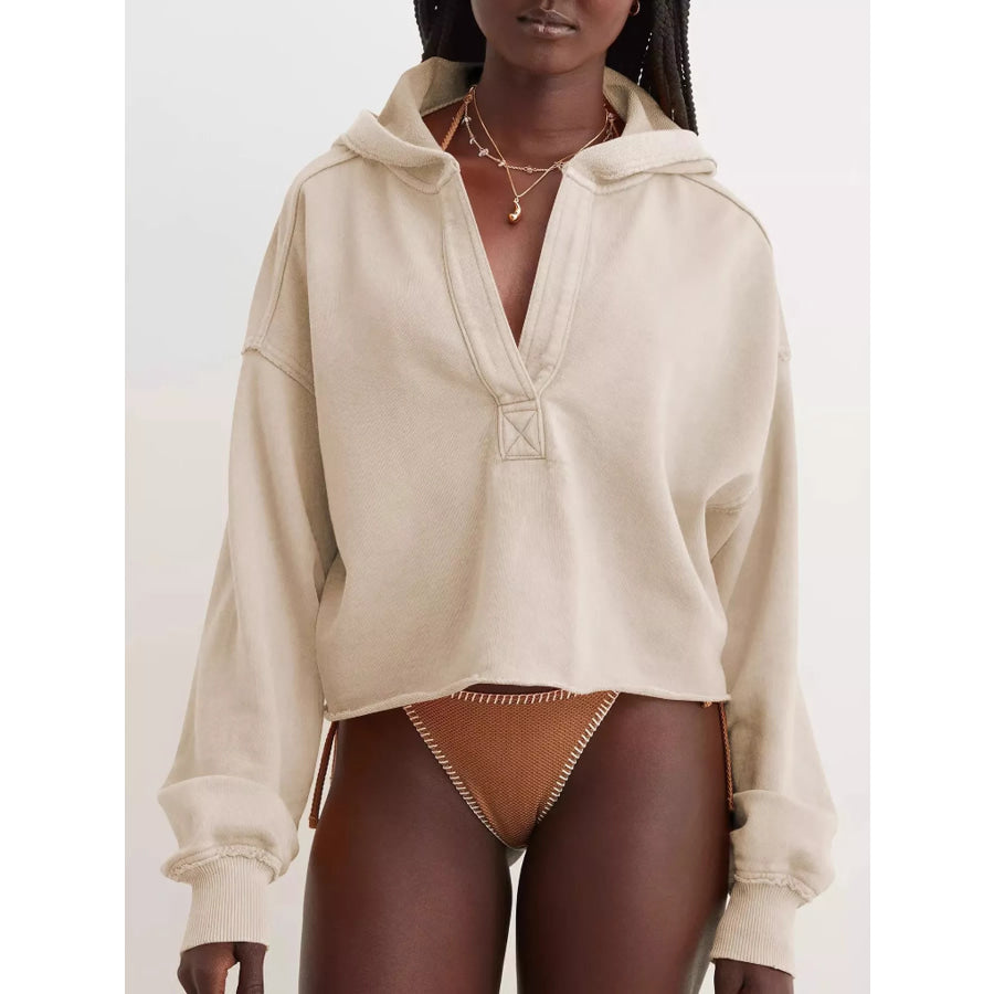 Dropped Shoulder Cropped Hoodie Apricot / S Apparel and Accessories