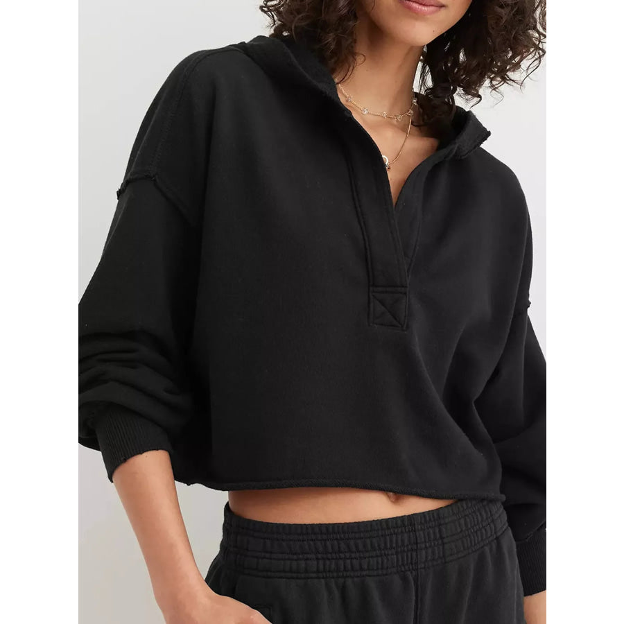 Dropped Shoulder Cropped Hoodie Black / S Apparel and Accessories