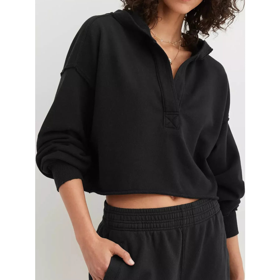 Dropped Shoulder Cropped Hoodie Black / S Apparel and Accessories