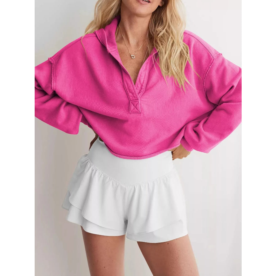 Dropped Shoulder Cropped Hoodie Rose Red / S Apparel and Accessories