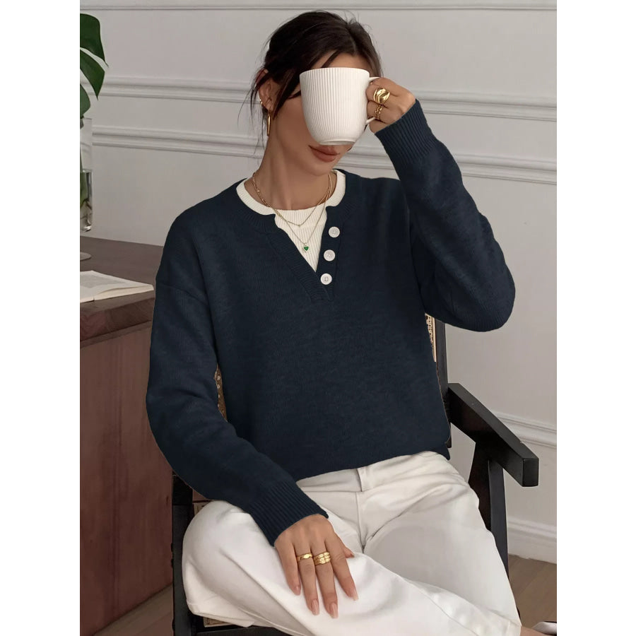 Dropped Shoulder Decorative Button Sweater Apparel and Accessories